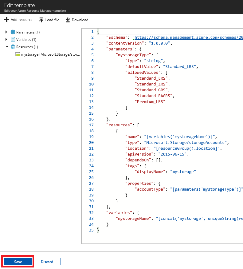 在 Azure 门户中编辑 JSON 模板的屏幕截图