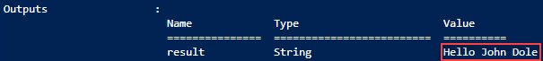 Azure 资源管理器模板部署脚本输出的屏幕截图，“hello world”。