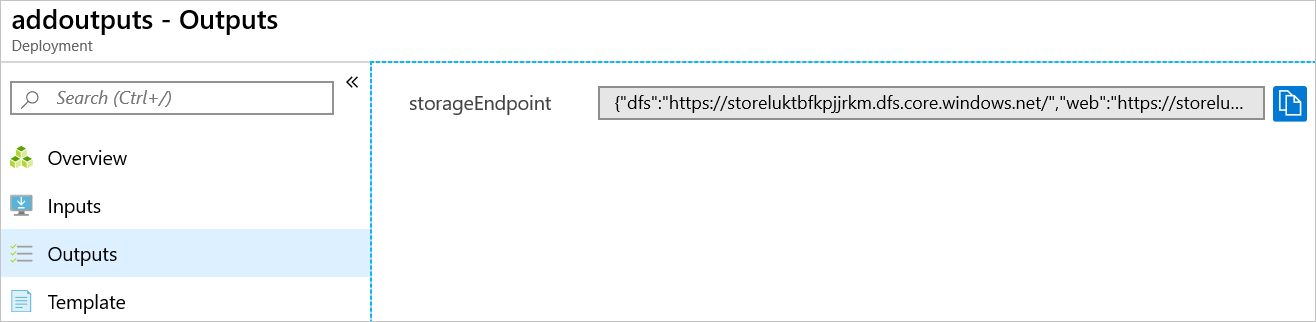 Azure 门户的屏幕截图，其中显示了部署输出。