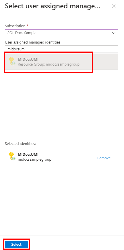 配置服务器标识时，Azure 门户中用户分配的托管标识的屏幕截图。