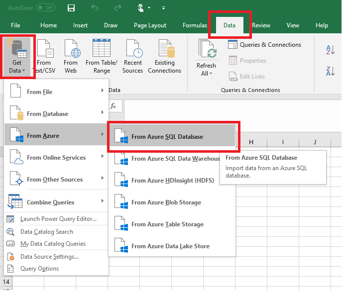 用于选择数据源的屏幕的屏幕截图：将 Excel 连接到 SQL 数据库。