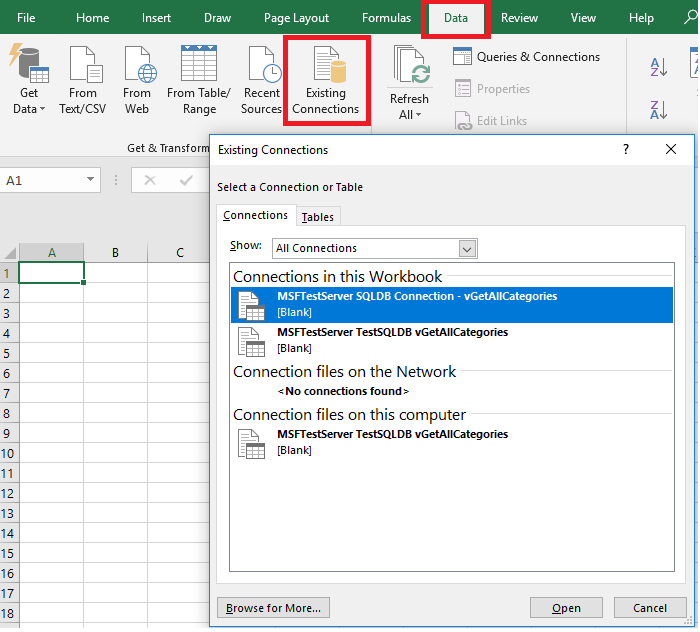 Microsoft Excel中现有连接的屏幕截图。