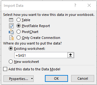 从 Microsoft Excel 中选择数据透视表报告来导入数据的屏幕截图。