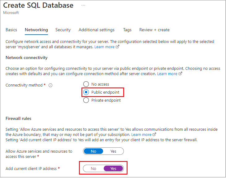 从 Azure 门户的截图显示“创建 SQL 数据库”页。在“网络”选项卡上，对于“连接方法”，已选择“公共终结点”选项。“添加当前客户端 IP 地址”选项为“是”。