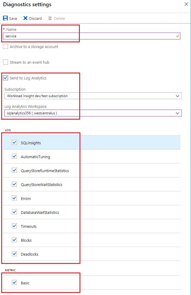 Azure SQL 数据库诊断配置的截图。