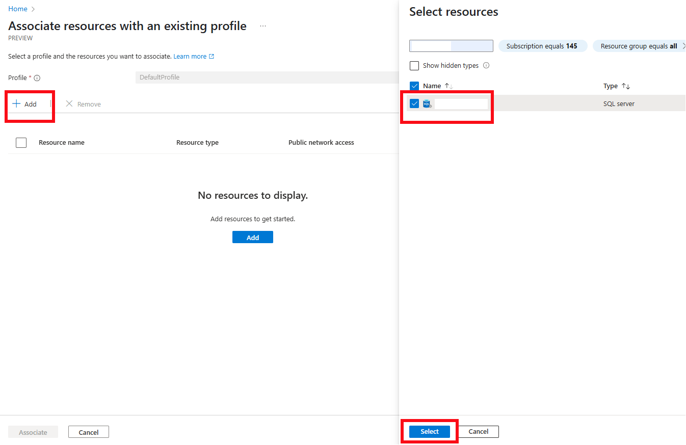 在 Azure 门户中为网络安全外围添加关联资源的屏幕截图。