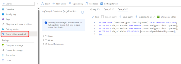 一个屏幕截图展示了如何使用 Azure 查询编辑器为托管身份创建 SQL 用户。