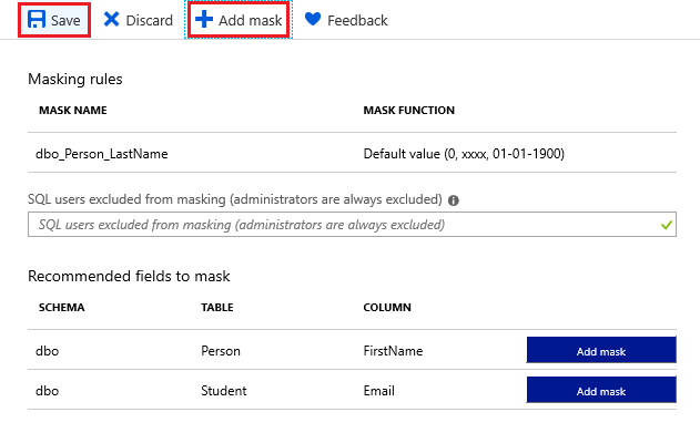 Azure 门户页面的屏幕截图，显示用于保存或添加动态数据掩码的字段。建议使用这些字段来屏蔽显示架构、表和列。