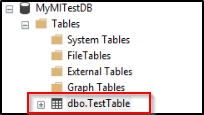 SSMS 中对象资源管理器的屏幕截图，其中显示了 MyMITestDB 中表的文件夹结构。dbo。TestTable 文件夹突出显示。