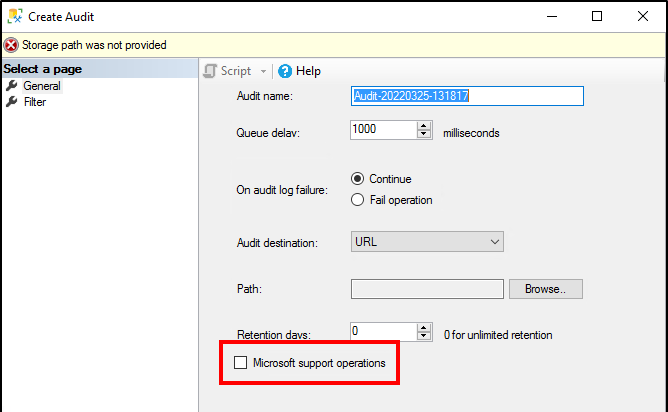 来自 SQL Server Management Studio 的截图，显示“Microsoft 支持操作”选项的复选框。