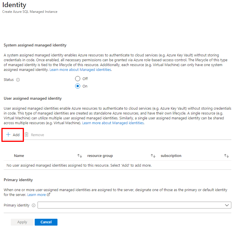 Azure 门户中配置托管实例标识时添加用户分配的托管标识的屏幕截图。