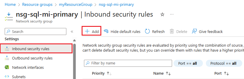  在 Azure 门户中为 NSG 添加入站安全规则的Screenshot。