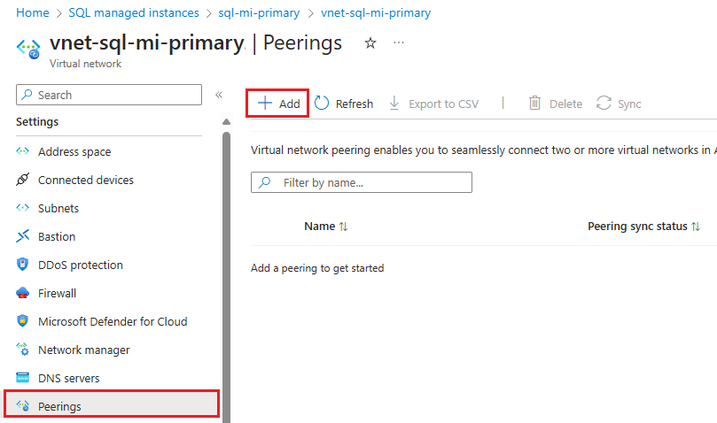 在 Azure 门户中，虚拟网络 A 的对等互连页的截图。
