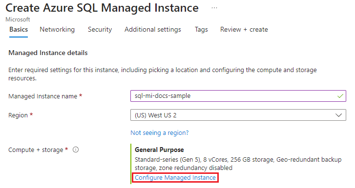 “创建 Azure SQL 托管实例”页的屏幕截图，其中选中了“配置托管实例”。