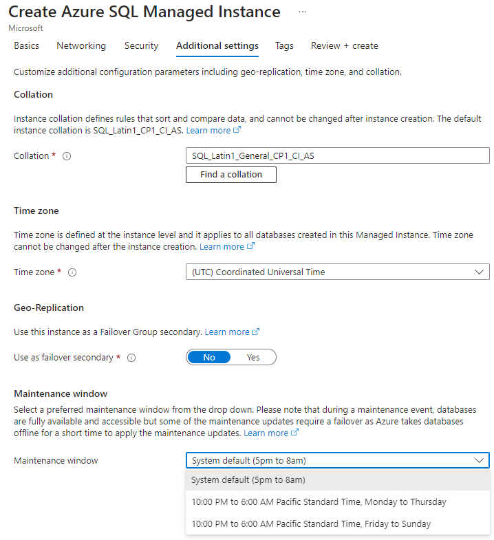 Azure 门户中的屏幕截图。在“创建 Azure SQL 托管实例”的“其他设置”选项卡上，“维护”窗口下拉列表处于打开状态。
