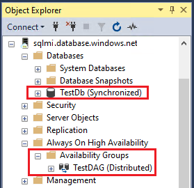 Screenshot，显示SQL 托管实例数据库和分布式可用性组的状态。