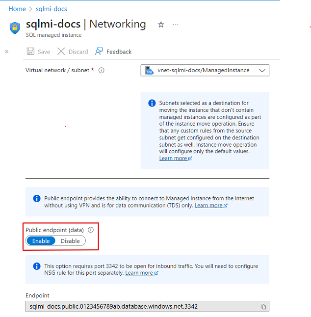 屏幕截图显示启用了公共端点的 SQL 托管实例的虚拟网络页面。