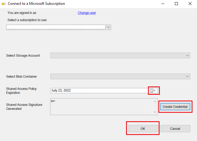 “连接到 Microsoft 订阅”对话框的屏幕截图。其中，“创建凭据”、“确定”和“共享访问策略有效期框”被突出显示。