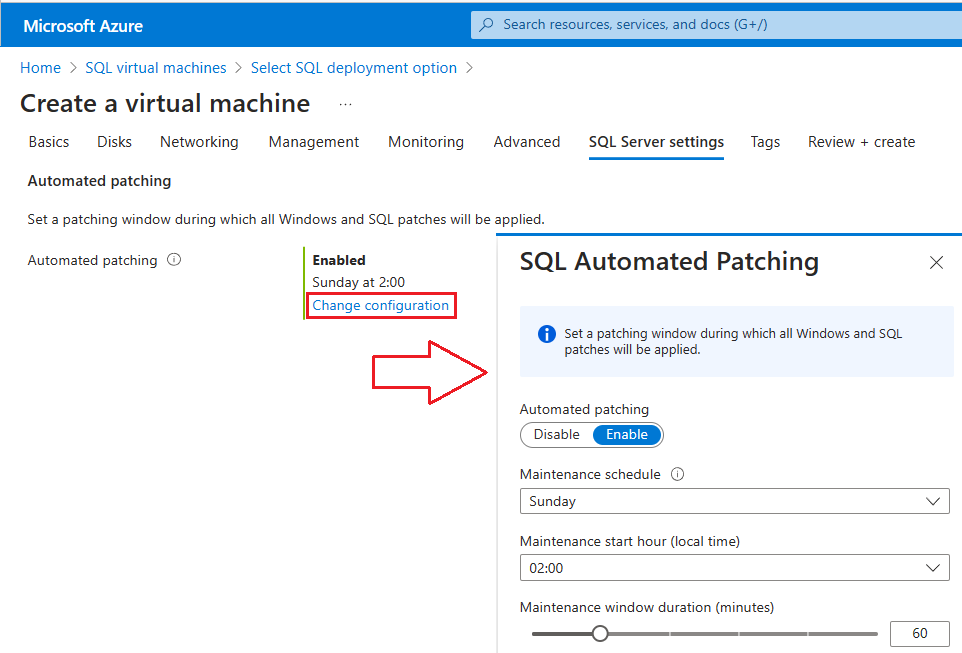 Azure 门户中 SQL 自动修补的截图。