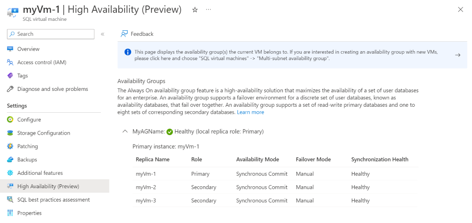 Azure 门户的屏幕截图，其中显示了可用性组的运行状况，当前状态良好。