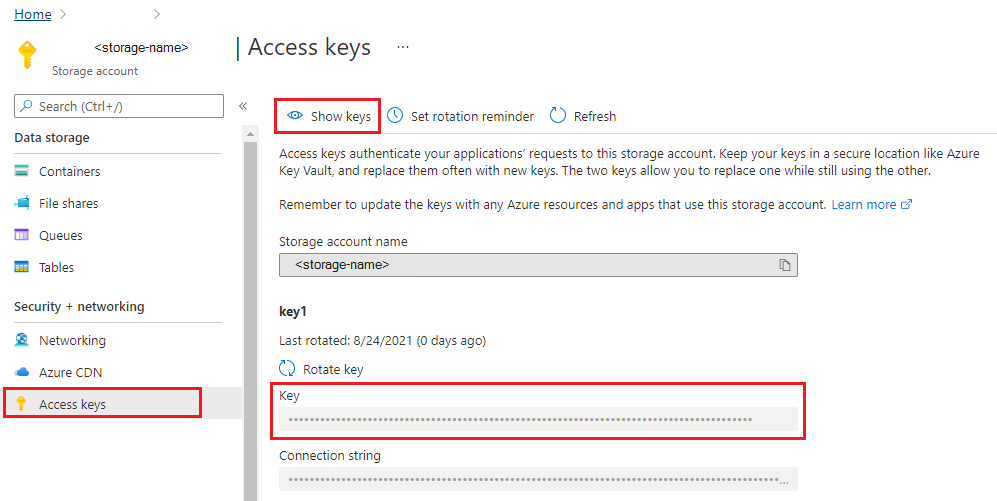 Azure 门户中存储帐户的访问密钥的屏幕截图。