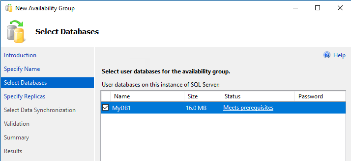 SSMS 中“新建可用性组向导”中的“选择数据库”页的屏幕截图。