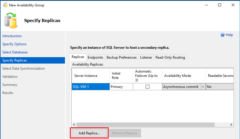 SSMS 中“新建可用性组向导”中的“指定副本”页的屏幕截图。