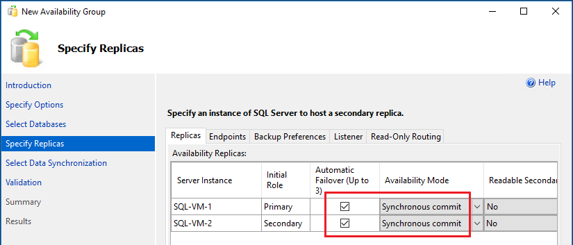 SSMS 中“新建可用性组向导”中的“指定副本”页的屏幕截图，其中突出显示了自动故障转移和可用性模式。