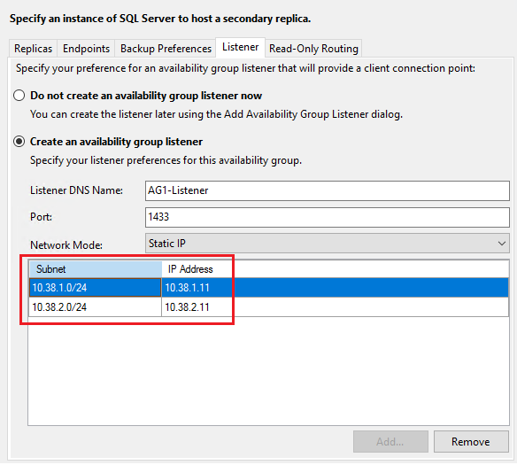 SSMS 中“新建可用性组向导”中的“侦听器”选项卡的屏幕截图。