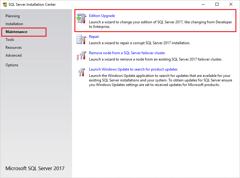 SQL Server 安装中心的屏幕截图，其中选择了“版本升级”。