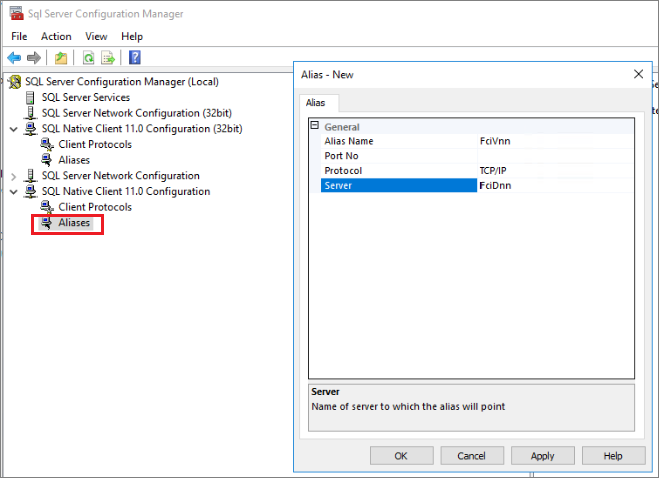 使用 SQL Server Configuration Manager 将 DNN DNS 名称配置为网络别名的屏幕截图。