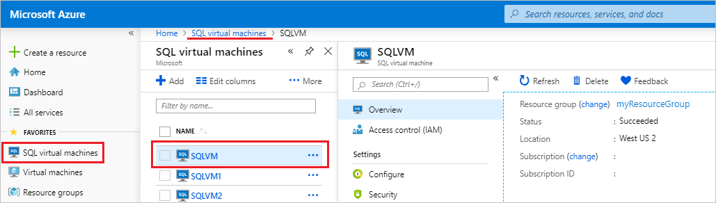 在 Azure 门户中访问 SQL 虚拟机资源的截图。