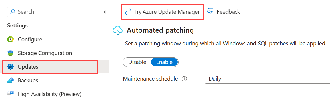  Azure 门户中 SQL 虚拟机资源的更新页面截图，其中Try Azure Update Manager功能被突出显示。