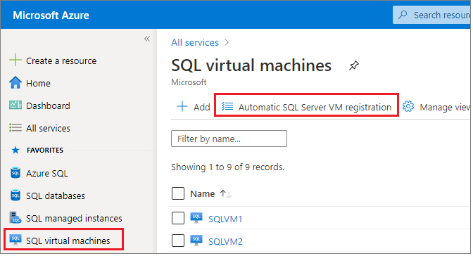 Screenshot 显示如何选择自动SQL Server VM 注册以打开自动注册页