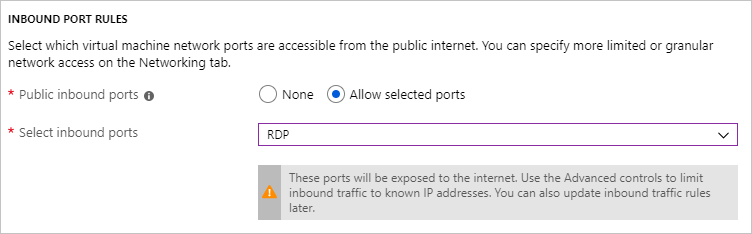 显示在 Azure 门户中创建 SQL VM 时的入站端口规则部分的截图。