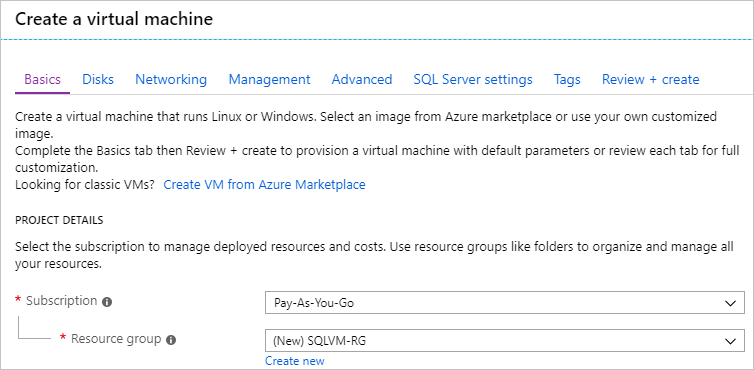 显示在 Azure 门户中创建 SQL 虚拟机时的订阅部分的截图。