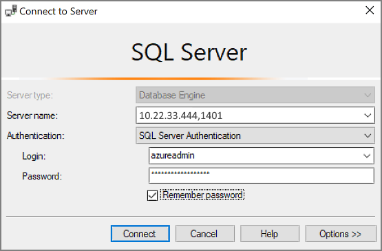 SSMS 中“连接到服务器”窗口的屏幕截图。