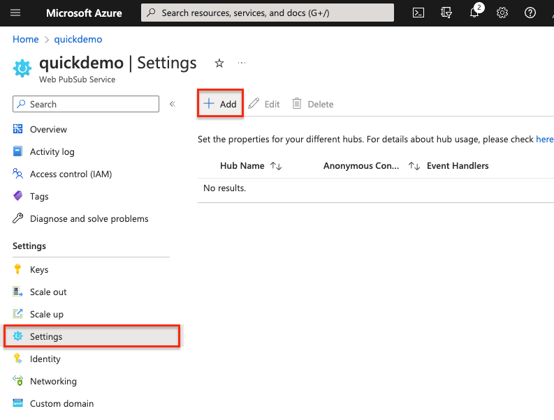 Azure Web PubSub 配置事件处理程序–菜单的屏幕截图。