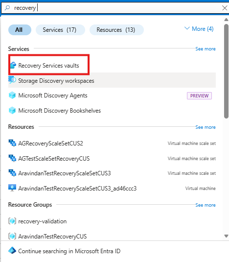 显示如何在 Azure 门户中打开“恢复服务保管库”窗格的屏幕截图。