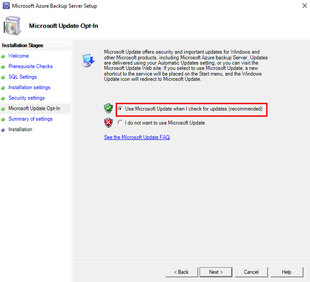 屏幕截图显示 Microsoft 更新选择加入页面。