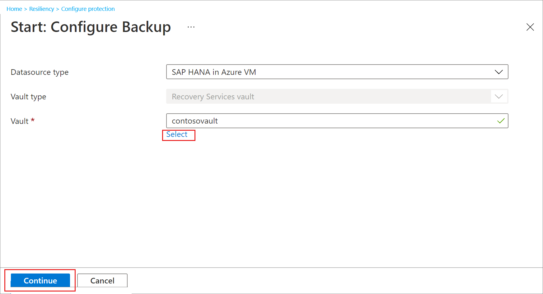 显示一个选择恢复服务保管库用于 SAP HANA 数据库备份的屏幕截图。
