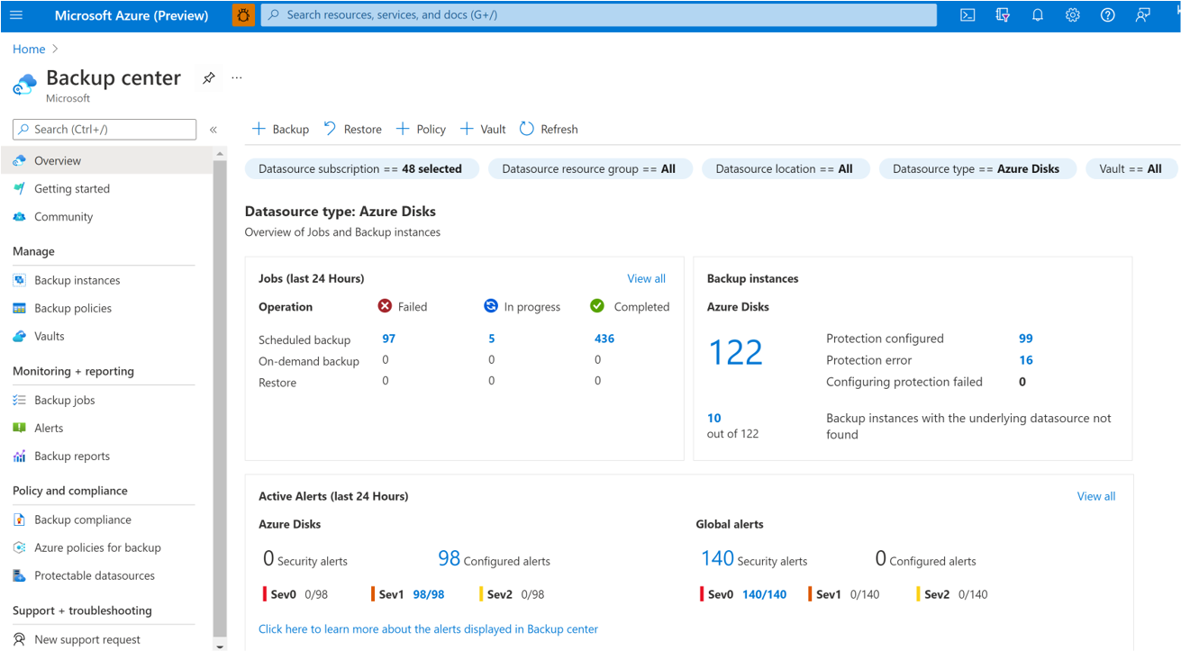 显示用于启动 Azure 磁盘备份的选项的截图。