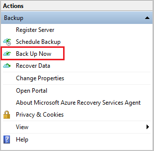 截图演示如何启动 Windows Server 的备份。