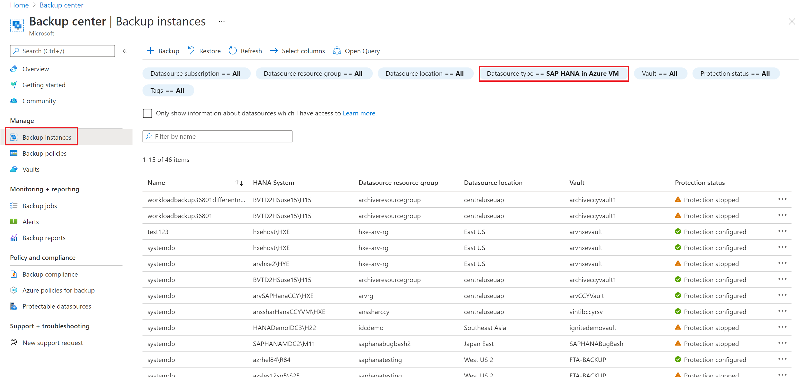 截图，显示如何在 Azure VM 中选择“SAP HANA”。