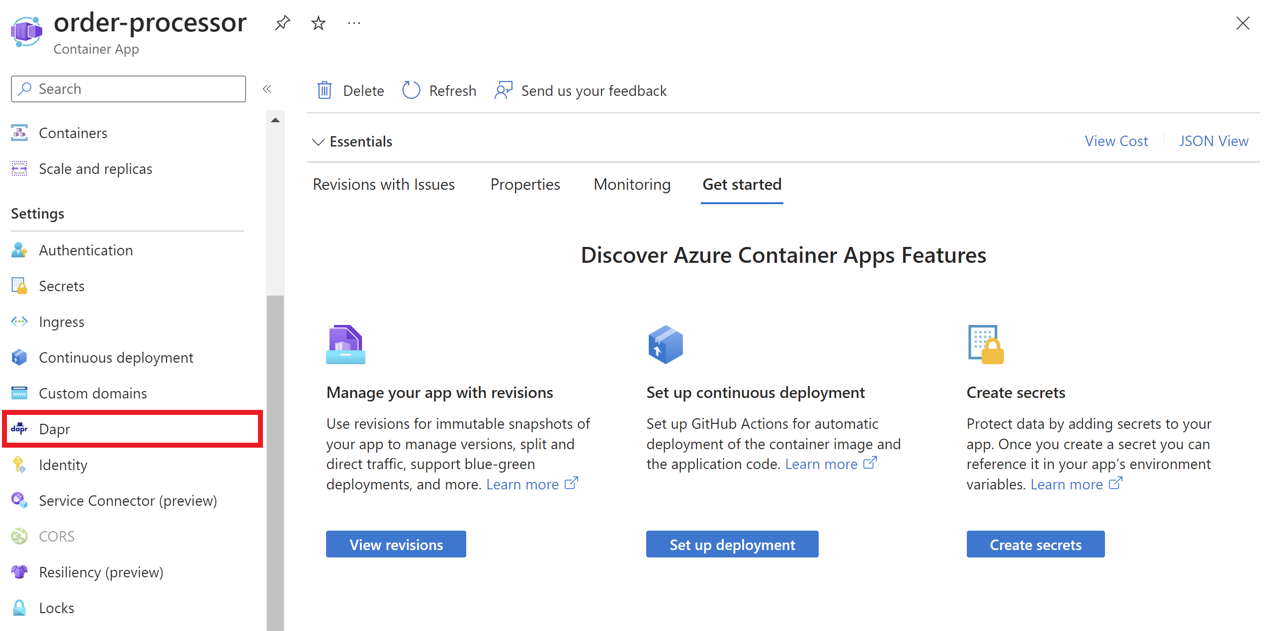 截图显示如何通过 Azure 门户视图在容器应用中启用 Dapr 的位置。