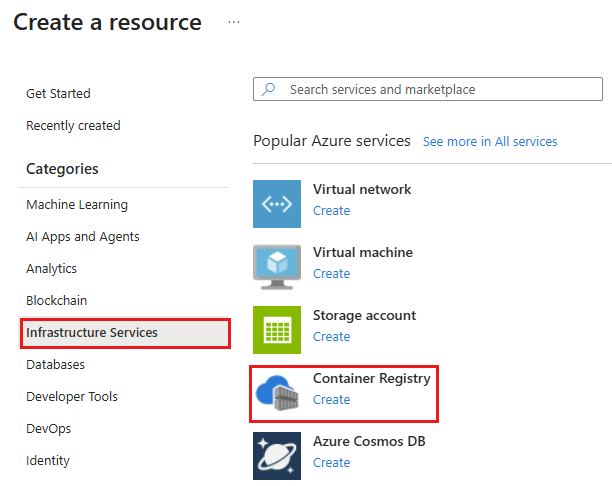 Azure portal 中关于创建新的容器注册表资源选项的屏幕截图。