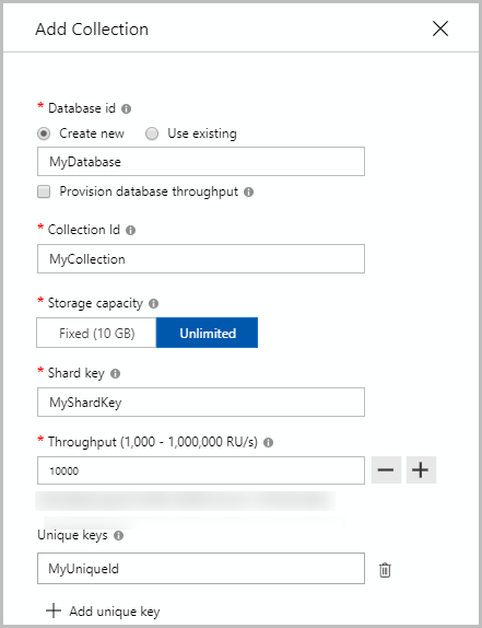  Azure Cosmos DB for MongoDB 的屏幕截图，添加容器对话框