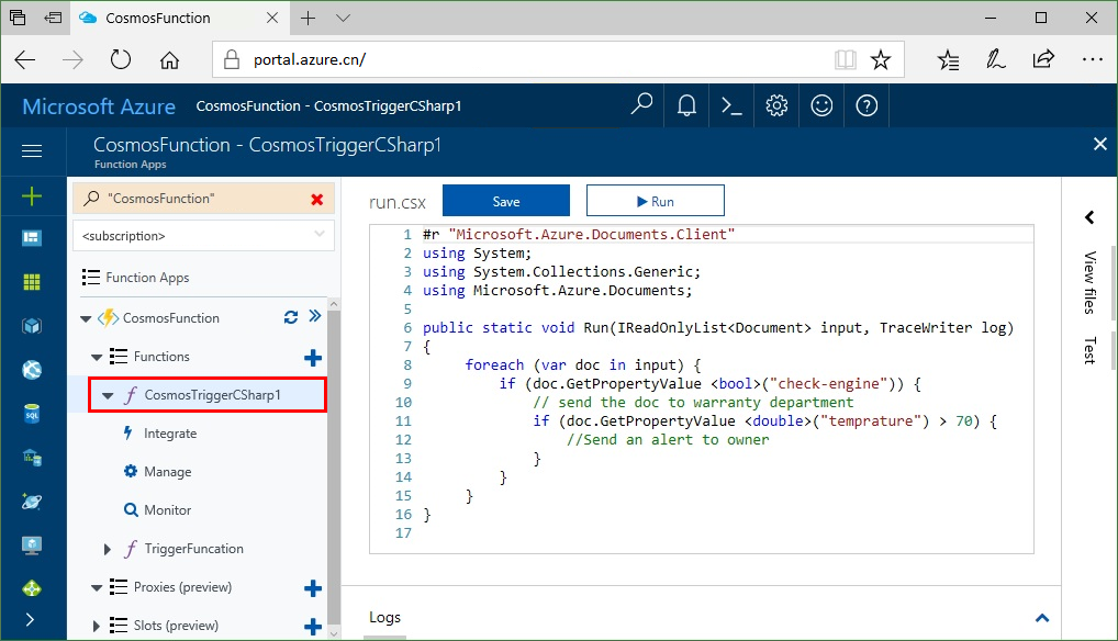 在 Azure 门户中为 Azure Cosmos DB 创建 Azure Functions 触发器
