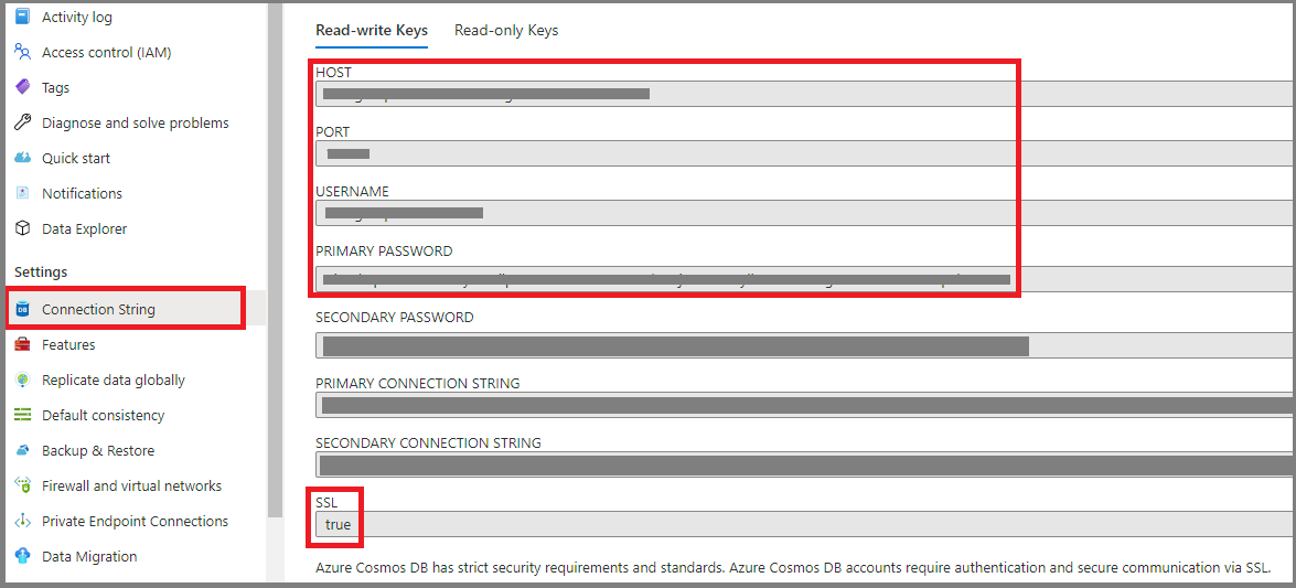 Azure Cosmos DB 凭证的屏幕截图。