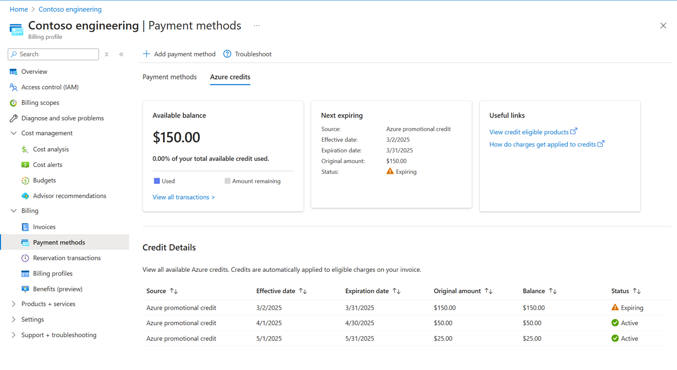 显示 Azure Portal 中 Azure 信用的选项卡的截图。